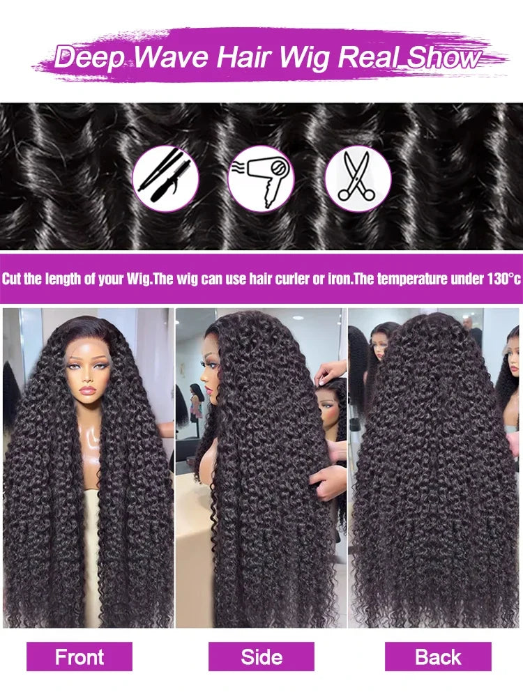 40 50 Inch Deep Wave Frontal Wig 13x4 13x6 360 HD Lace Frontal Wigs 300 Density Water Curly Human Hair Lace Front Wigs For Women